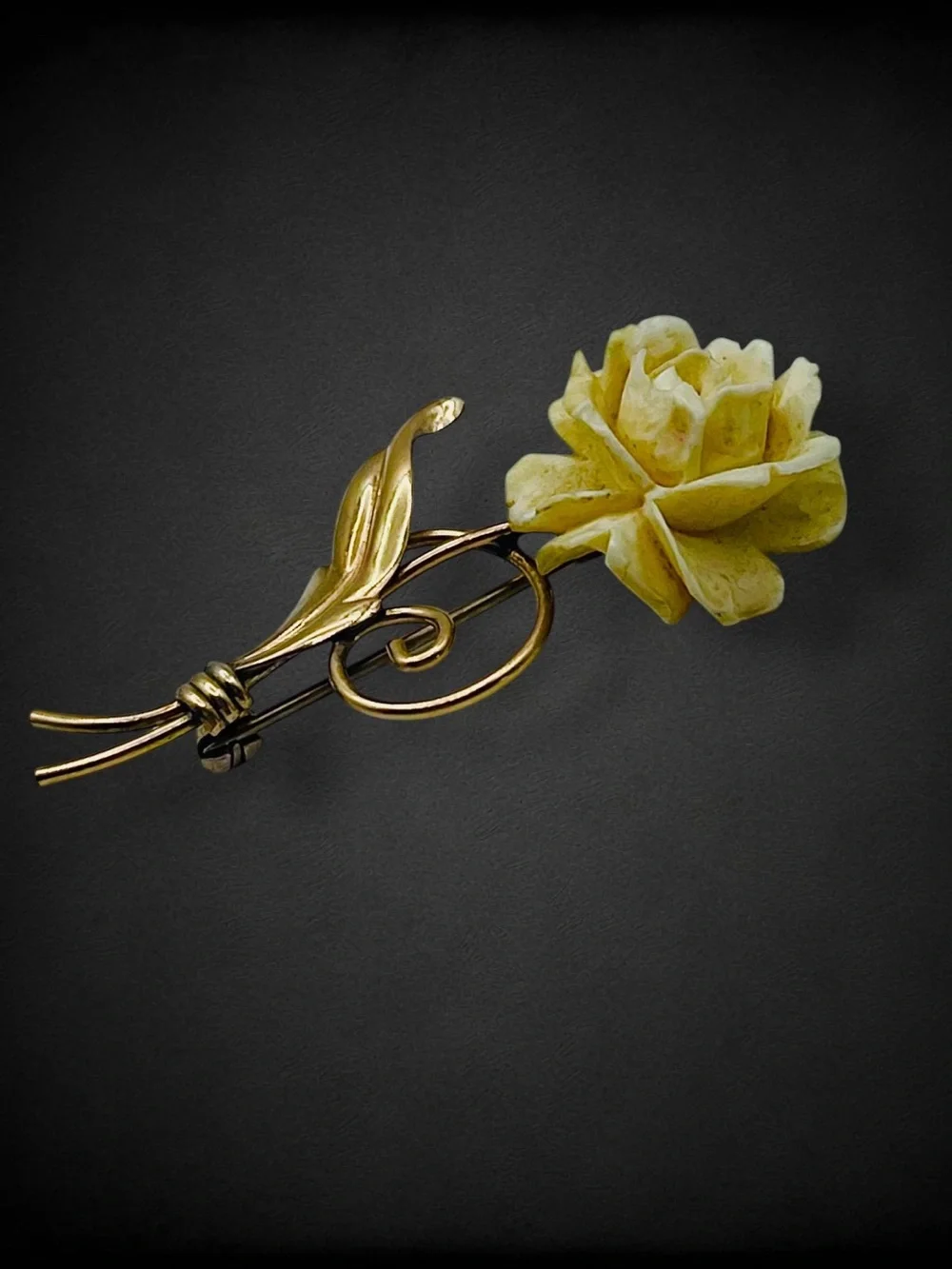 Vintage 12K GF Carved Celluloid White Rose Flower Brooch Pin Mid Centur